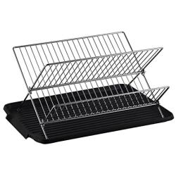 Deluxe Chrome-Plated Steel Foldable X Shape 2-Tier Shelf Small Dish Drainers with Drainboard (BlackII)