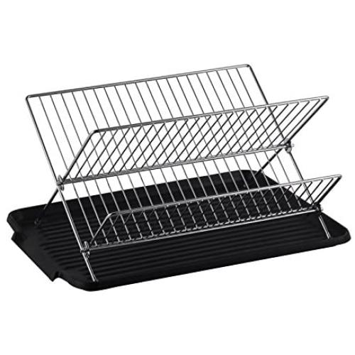 Deluxe Chrome-Plated Steel Foldable X Shape 2-Tier Shelf Small Dish Drainers with Drainboard (BlackII)