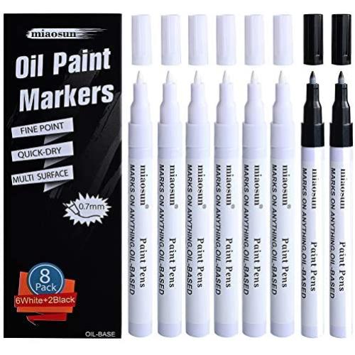 Oil Paint Markers,8Pack (6Pack White and 2Pack Black)0.7mm Medium Tip Paint Pens High Volume Ink Water and Fade Resistant for Rock Painting-Stone, Ceramic, Metal, Glass, Wood, Fabric by miaosun.