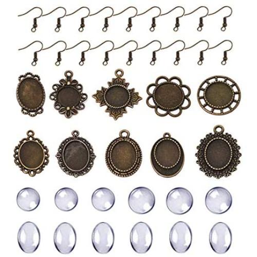 DROLE Dangle Cabochon Earrings Setttings Kit-60Pcs Metal Earring Pendant Bezel 60Pcs Glass Dome Tiles and 100Pcs Earring Wire Hooks for DIY Earring Making Antique Bronze Total 220Pcs