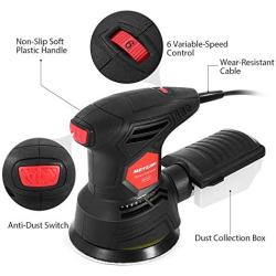 Meterk 5 Inch Random Orbit Sander 2.5A Orbital Sander with 12Pcs Sandpapers, 12000RPM, 6 Variable Speed, Efficient Dust Collector, Ideal for Finishing, Sanding, Polishing Wood