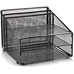 Metal Office Desk Organizer 3-Tier, Mesh Desktop Document and A4 File Holder with 3 Flat Trays and 2 Upright Compartments, Steel Mail Organizer for Desk Top Accessories, Stationery, Paper, Black