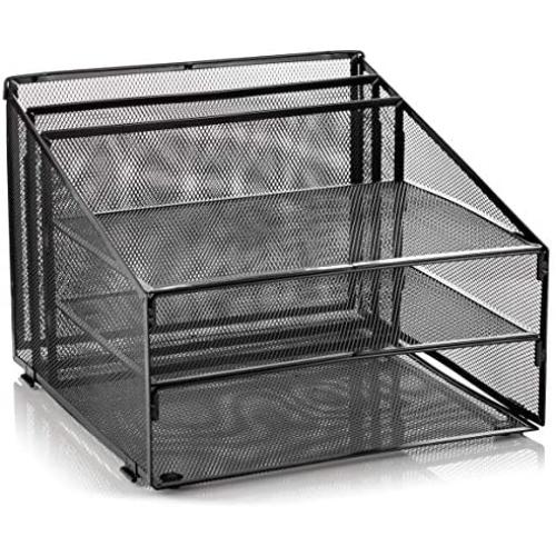 Metal Office Desk Organizer 3-Tier, Mesh Desktop Document and A4 File Holder with 3 Flat Trays and 2 Upright Compartments, Steel Mail Organizer for Desk Top Accessories, Stationery, Paper, Black