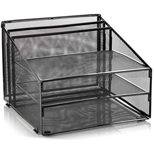 Metal Office Desk Organizer 3-Tier, Mesh Desktop Document and A4 File Holder with 3 Flat Trays and 2 Upright Compartments, Steel Mail Organizer for Desk Top Accessories, Stationery, Paper, Black Metal Office Desk Organizer 3-Tier, Mesh Desktop Document and A4 File Holder with 3 Flat Trays and 2 Upright Compartments, Steel Mail Organizer for Desk Top Accessories, Stationery, Paper, Black