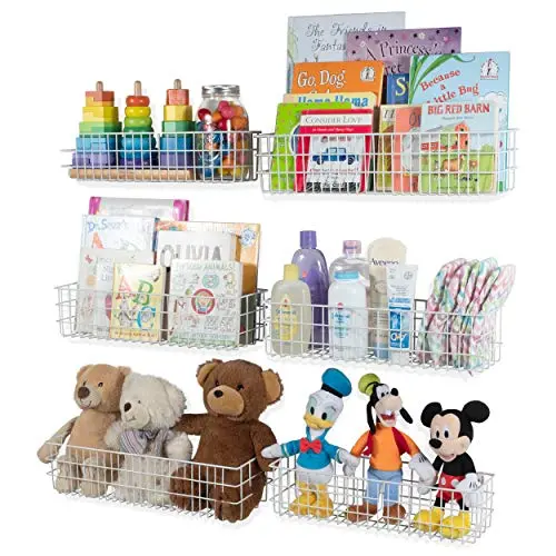Wall35 Kansas Wall Mounted White Bookshelf for Kids Room Decor, Metal Wire Storage Basket Set of 6 (Varying Sizes) Wall35 Kansas Wall Mounted White Bookshelf for Kids Room Decor, Metal Wire Storage Basket Set of 6 (Varying Sizes)