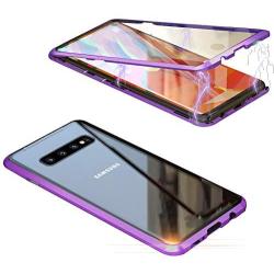 Jonwelsy Magnetic Adsorption Case for Samsung Galaxy S10, 360 Degree Front and Back Clear Tempered Glass Flip Cover, Metal Bumper Frame for Samsung Galaxy S10 (Purple)