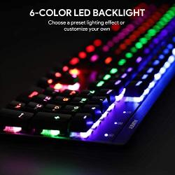 AUKEY Mechanical Keyboard LED Backlit Gaming Keyboard with Blue Switches, 104 Keys 100% Anti-ghosting with Metal Top Panel and Water-Resistant Design for PC and Laptop Gamers, Black