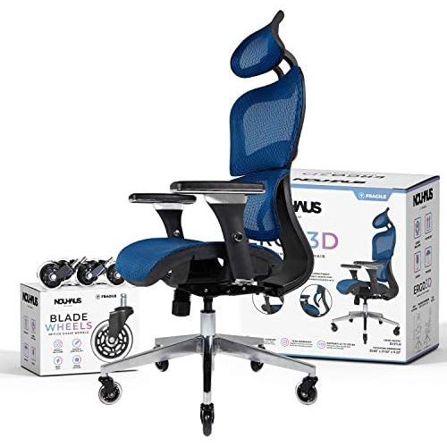 NOUHAUS Ergo3D Ergonomic Office Chair - Rolling Desk Chair with 4D Adjustable Armrest, 3D Lumbar Support and Blade Wheels - Mesh Computer Chair, Gaming Chairs, Executive Swivel Chair (Blue)