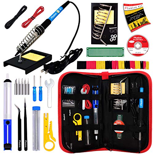Soldering Iron Kit - Soldering Iron 60 W Adjustable Temperature, Solder Wire, Tweezers, Soldering Iron Stand, Soldering Iron Tips Set, Desoldering Pump, Solder Wick, Heatshrink Tubes [110 V, US Plug]