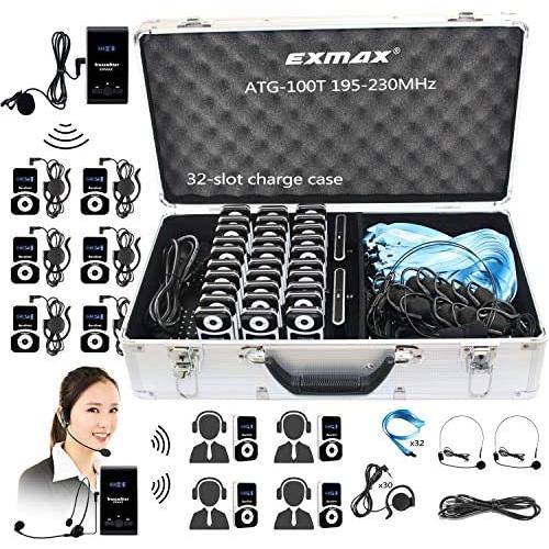EXMAX ATG-100T 195-230MHz Wireless Tour Guide Monitoring Voice Audio Transmission System+Aluminium Alloy Charge Case for Teaching Tour guides Conference Church Museum(1 Transmitters and 30 Receivers)
