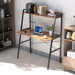 Its_Organized Ladder Computer Desk, 43 inch Computer Desk, Modern Writing Table with Bookshelf, PC Laptop Workstation with Metal Frame,Study Shelf Desk for Home Office (Archaize Brown)