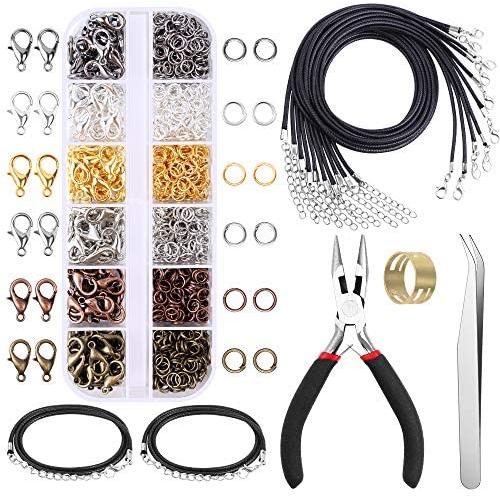 YBLNTEK 1050 Pcs Jewelry Jump Rings Lobster Clasps Necklace Repair Kit with Jewelry Pliers, Brass Jump Ring Opener, Black Waxed Necklace Cord for Jewelry Making Repair