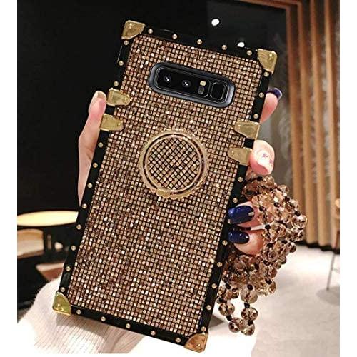 BABEMALL Compatible for Samsung Galaxy Note 8 Case, Elegant Premium Bling Square Protective Shock Absorption Metal Decoration Corner Back Case with Crystal Strap (Gold)