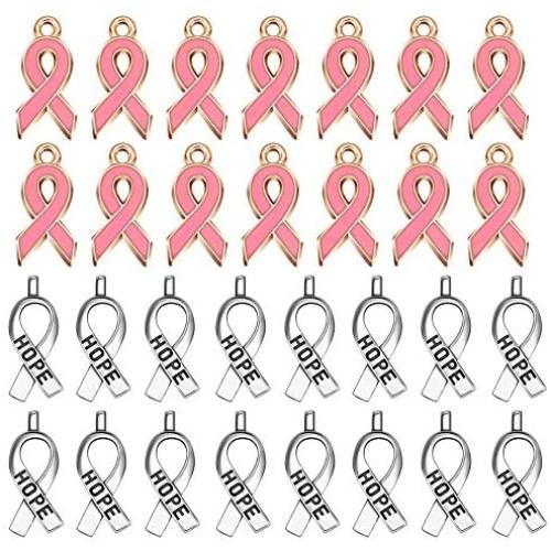 80 Pieces Breast Cancer Awareness Ribbon Pink Pendant Charms, Antique Silver Breast Cancer Hope Ribbon Charms Pendants DIY Accessories for Jewelry Making Women Necklace Bracelet Crafts(40+40pcs)