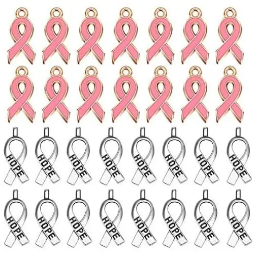 80 Pieces Breast Cancer Awareness Ribbon Pink Pendant Charms, Antique Silver Breast Cancer Hope Ribbon Charms Pendants DIY Accessories for Jewelry Making Women Necklace Bracelet Crafts(40+40pcs)