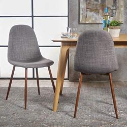 Christopher Knight Home 301730 Raina Mid-Century Modern Fabric Dining Chairs with Wood Finished Metal Legs, 2-Pcs Set, Light Grey / Dark Brown