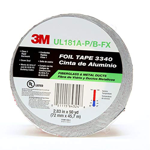 3M Aluminum Foil Tape 3340, 2.5'' x 50 yd, 4.0 mil, Silver, HVAC, Sealing and Patching Hot and Cold Air Ducts, Fiberglass Duct Board, Insulation, Metal Repair