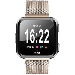 MEFEO Compatible with Fitbit Versa Bands, Stainless Steel Metal Band Mesh Bracelet with Strong Magnet Lock Wristbands Replacement for Fitbit Versa/Versa 2/Versa Lite/SE (Champagne Gold, Small)