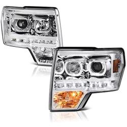 VIPMOTOZ LED Halo Ring Projector Headlight Assembly For 2009-2014 Ford F-150 (Factory Halogen Model) - Metallic Chrome Housing, Driver and Passenger Side