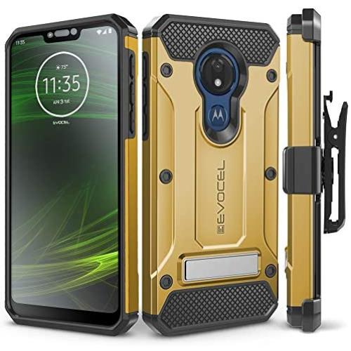 Motorola Moto G7 Power Case, Evocel [Explorer Series Pro] Premium Full Body Case with Glass Screen Protector, Belt Clip Holster, Metal Kickstand for Motorola Moto G7 Power (XT1955), Gold