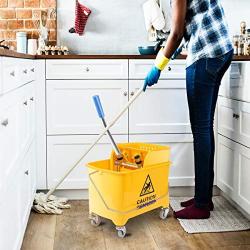 TryE 5 Gallon Yellow Mop Bucket with Wringer 21Qt Plastic Combo Bucket with Metal Handle and Wheels for Cleaning Floor