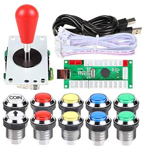 EG STARTS 1 Player LED Arcade DIY Part Kit USB Encoder to PC Gamepads Ellipse & Oval Style Bat Joystick + 5V LED Arcade Buttons for Video Games Mame Raspberry Pi Arcade1up (Chrome Mix Colors)