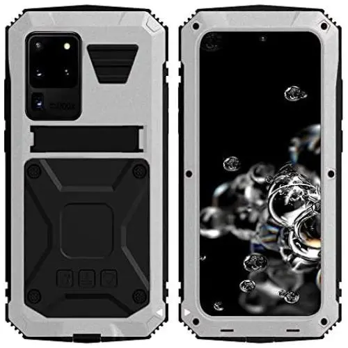 Simicoo Samsung S20 Ultra Metal Bumper Silicone Case Hybrid Military Shockproof Heavy Duty Rugged Defender case Built-in Screen Protector Stand Camera Lens Protector Cover for S20 Ultra (Sliver)