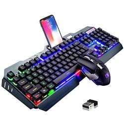 Wireless Keyboard and Mouse,Rainbow LED Backlit Rechargeable Keyboard Mouse with 3800mAh Battery Metal Panel,Mechanical Feel Keyboard and 7 Color Gaming Mute Mouse for Windows Computer Gamers（Rainbow）