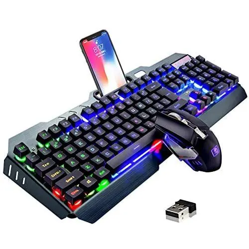 Wireless Keyboard and Mouse,Rainbow LED Backlit Rechargeable Keyboard Mouse with 3800mAh Battery Metal Panel,Mechanical Feel Keyboard and 7 Color Gaming Mute Mouse for Windows Computer Gamers(Rainbow) Wireless Keyboard and Mouse,Rainbow LED Backlit Rechargeable Keyboard Mouse with 3800mAh Battery Metal Panel,Mechanical Feel Keyboard and 7 Color Gaming Mute Mouse for Windows Computer Gamers(Rainbow)