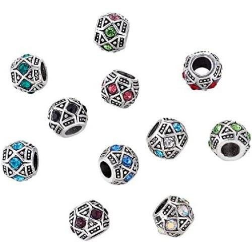 Kissitty 50-Piece 11x9mm Antique Silver Plated Large Hole Bicone European Rhinestone Beads Random Mixed Color for DIY Jewelry Making