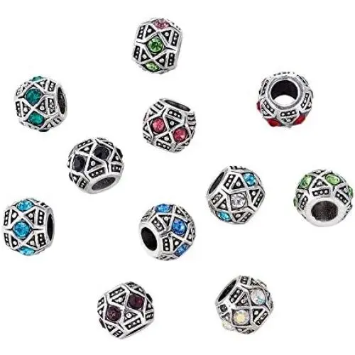 Kissitty 50-Piece 11x9mm Antique Silver Plated Large Hole Bicone European Rhinestone Beads Random Mixed Color for DIY Jewelry Making Kissitty 50-Piece 11x9mm Antique Silver Plated Large Hole Bicone European Rhinestone Beads Random Mixed Color for DIY Jewelry Making