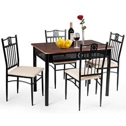 TANGKULA 5 Piece Dining Table and Chairs Set Vintage Retro Wood Top Metal Frame Padded Seat Dining Table Set Home Kitchen Dining Room Furniture