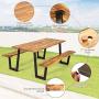 Giantex Picnic Table Bench Set with Umbrella Hole, Outdoor Dining Table Set, 70” Acacia Wood Picnic Beer Table with Metal Frame (Natural & Black)