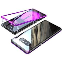 Compatible Galaxy Note 8 Case, Slim Magnetic Adsorption Metal Frame with Built-in Magnet Flip Tempered Glass Cover with a Screen Protector Flim, Black-Purple