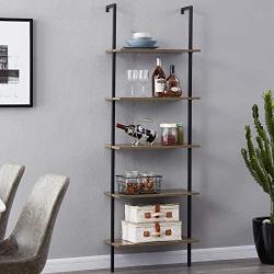 SUPERJARE Industrial Ladder Shelf, 5-Tier Wood Wall-Mounted Bookcase with Stable Metal Frame, 72 Inches Storage Rack Shelves Display Plant Flower, Stand Bookshelf for Home Office - Vintage Brown