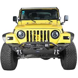 Hooke Road Wrangler TJ Rear Bumper with Tire Carrier + Front Bumpers Combo Compatible with Jeep Wrangler TJ 1997-2006