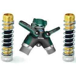 2wayz All Metal Body Garden Hose Splitter. Newly Upgraded (2020): 100% Secured, Bolted & Threaded. Easy Grip, Smooth Long Handles y Valve + 2 Kink Free 8cm Hose Savers