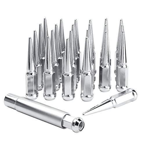 KSP 24 Pc Spiked Solid Metal Lug Nuts M14x1.5 Thread 4.4'' Tall Closed End Bulge Acorn Spike Lug Nut and 1 Long Socket Key for Aftermarket Wheels