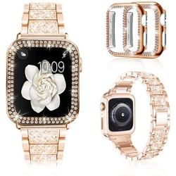 Mosonio Compatible with Apple Watch Band 38mm 40mm 42mm 44mm with Case Women, Jewelry Replacement Metal Wristband Strap with 2 Pack Bling PC Protective Cover for iWatch Series 6/5/4/3/2/1(Rose Gold)