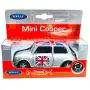 Mini Cooper Model (Silver) with Union Jack Top Made of Die Cast Metal and Plastic Parts, Pull Back & Go Action Model