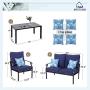 MFSTUDIO 4 Piece Outdoor Metal Furniture Sets Patio Cushioned Conversation Set with 4 Free Pillows for Home, Porch, Lawn, (Loveseat, Coffee Table, 2 Single Chair),Navy-Blue