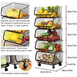 Momotata Rolling Stackable Baskets Storage Bins, 5-Tier Stainless Steel Metal Wire Organizer Kitchen Baskets Rack with Lockable Casters for Kitchen, Pantry, Bathroom,Bedroom Garage- Black (5-Tier)