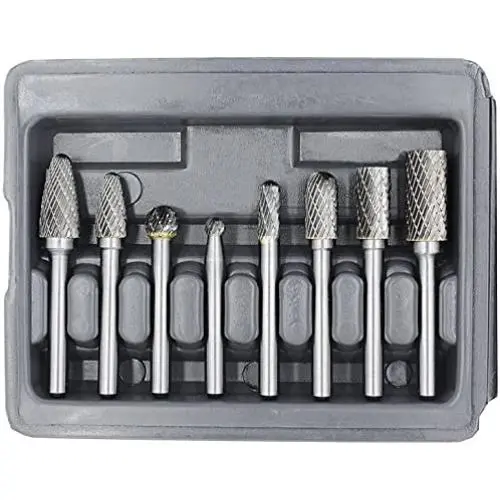 YUFUTOL Carbide Burr Set with 1/4(6.35mm) Shank 8pcs Double Cut Solid Carbide Rotary Burr Set for Die Grinder Drill, Metal Wood Carving, Engraving,Polishing,Drilling