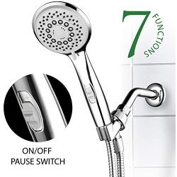 Hotel Spa High-Pressure 7-Setting Handheld Shower Head with 4-inch Face, Patented Water-Saving ON/OFF Pause Switch, Angle-Adjustable, Easy Tool-Free Installation – Chrome Finish