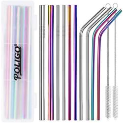 POLIGO 13 Pieces Stainless Steel Straws Set with case - Reusable Metal Drinking Straws for 20 oz Tumblers Yeti (4 Curved + 4 Straight + 2 Large + 2 Brushes) - Ideal Choice for Kitchen, Bar and Picnic