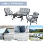 LOKATSE HOME 4 Pieces Outdoor Conversation Furniture Bistro Metal Seating Patio Armchairs Loveseat Set with Cushion & Coffee Table, 4 pcs Chair, Grey