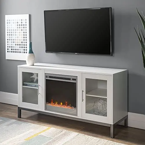 Walker Edison Griffith Contemporary Double Glass Door Fireplace TV Stand, 52 Inch, White Walker Edison Griffith Contemporary Double Glass Door Fireplace TV Stand, 52 Inch, White