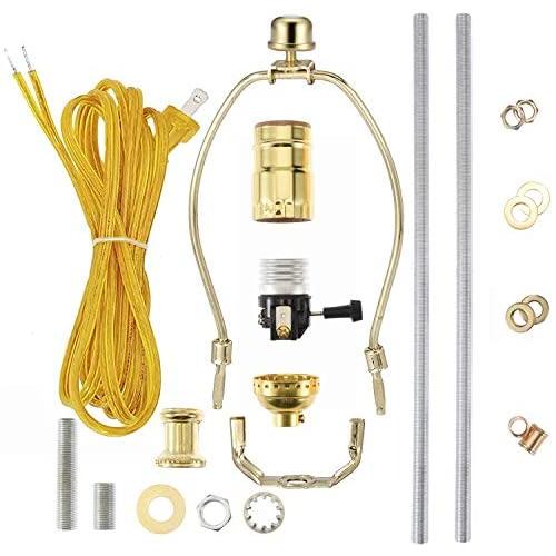 Canomo Brass Finish Make-A-Lamp Kit 3-Way with 8 Inch Harp, 2 Pieces 12'' Lamp Pipe, and All Parts Needed and Instructions for DIY Lamp Design or Repair…