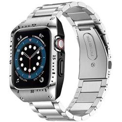 HATALKIN Compatible with Apple Watch Series 6 5 4 44mm Band with Metal Bumper Case,Rugged Men Bands for Apple Watch SE/iWatch 6 5 4 44mm Stainless Steel Cases Protector Drop-Proof Shockproof(Silver)