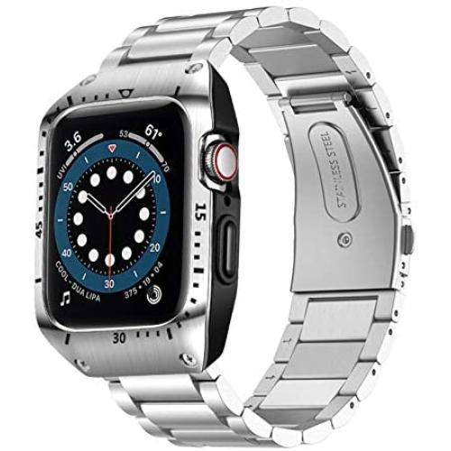 HATALKIN Compatible with Apple Watch Series 6 5 4 44mm Band with Metal Bumper Case,Rugged Men Bands for Apple Watch SE/iWatch 6 5 4 44mm Stainless Steel Cases Protector Drop-Proof Shockproof(Silver)